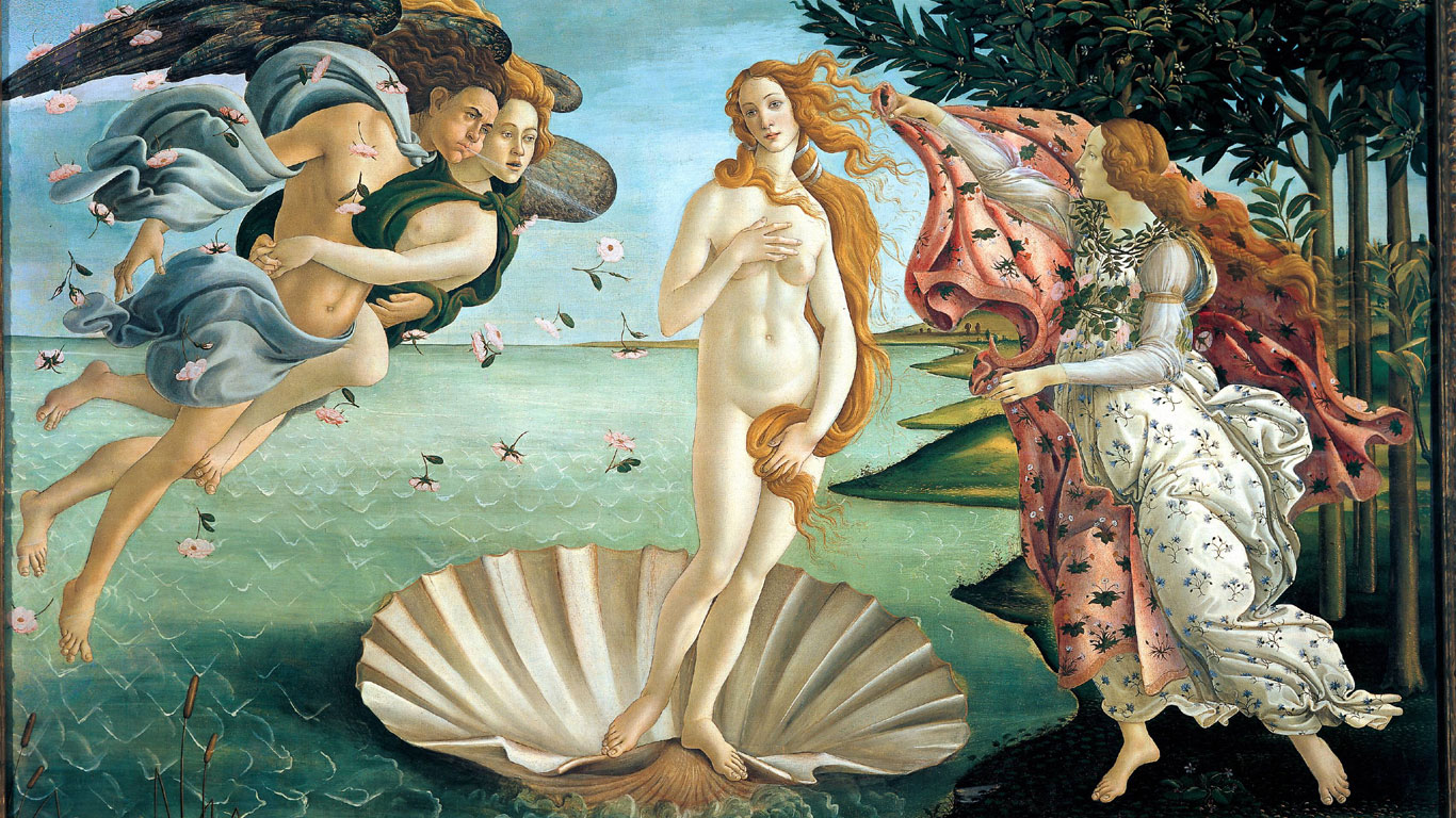 „Idealfrau“ der frühen Neuzeit: Sandro Botticellis Gemälde „Geburt der Venus“ von 1485/86 zeigt, wie die Göttin auf einer riesigen Pilgermuschel am Strand von Zypern landet. Ihre Figur ist an klassischen griechischen Statuen orientiert. Langes, wallendes Haar betont ihr mädchenhaftes Gesicht und die kleinen Brüste.