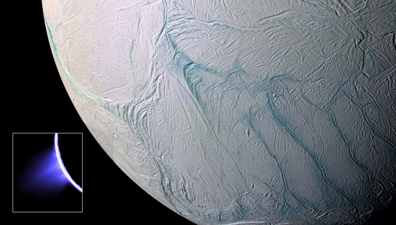 Dünne Strahlen mit Eispartikeln schießen von der Oberfläche des Saturnmondes und reichen bis zu 750 Kilometer ins Weltall. Quelle der Fontänen am Südpol des Eismondes sind etwa 100 Kilometer lange Spalten, die etwas wärmer sind als ihre Umgebung.