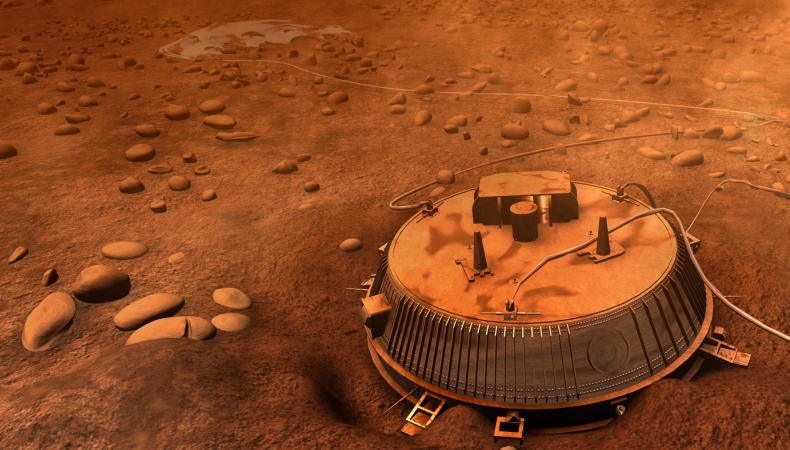 Eines der spannendsten Experimente in der Erforschung des Sonnensystems mit Raumsonden war der zweieinhalbstündige Flug der europäischen Messkapsel Huygens am 14. Januar 2005 durch die Atmosphäre des Titan und die anschließende Landung auf der Eisoberfläche des Mondes. Das Bild ist eine künstlerische Darstellung der Landestelle.