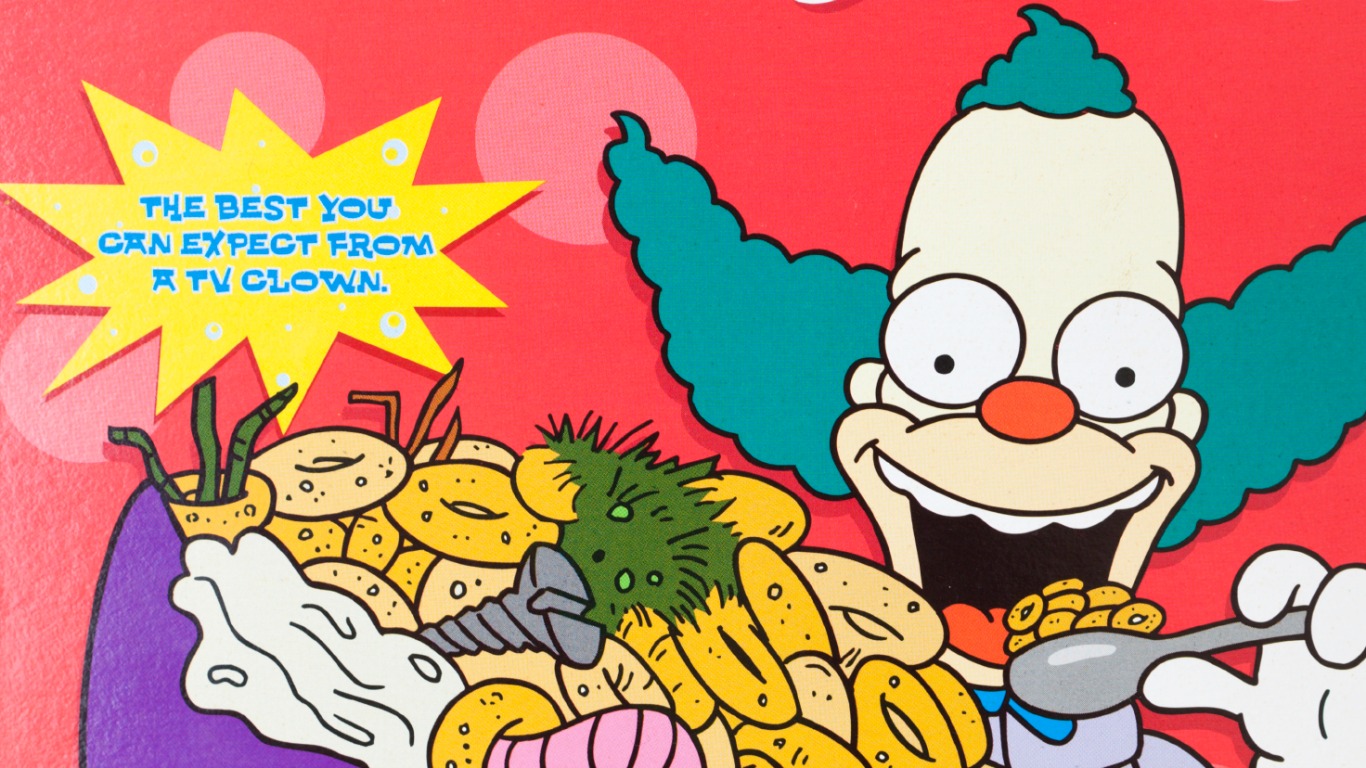 In der TV-Serie „Die Simpsons“ tritt mit Krusty, dem Clown, eine Clownsfigur mit extrem zweifelhafter Moral auf. Zigaretten-, Alkohol- und Drogenmissbrauch, Sexexzesse und Glücksspiel gehören zu seinen Gepflogenheiten, was seiner Geltungssucht in der Öffentlichkeit in die Quere kommt. „Krusty, der mit bürgerlichem Namen Herschel Krustofski heißt, ist eine gespaltene Figur: Abseits der Kamera und seiner Rolle als gut gelaunter Kinderheld ist er miesepetrig, depressiv und bisweilen aggressiv – was angesichts seiner unglücklichen Kindheit und gescheiterten Ehen nicht verwundert.